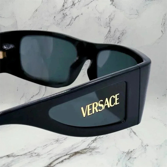 VERSACE Sunglasses New Black Square Wrap Shield Mask Acetate Gold Letter Logo - Picture 6 of 12
